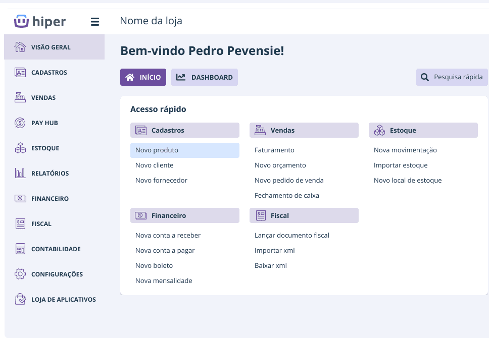 Retaguarda do sistema Hiper com acesso rápido a estoque, vendas, financeiro e fiscal