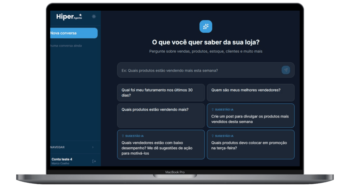 Agente Hiper respondendo sobre vendas, estoque e clientes