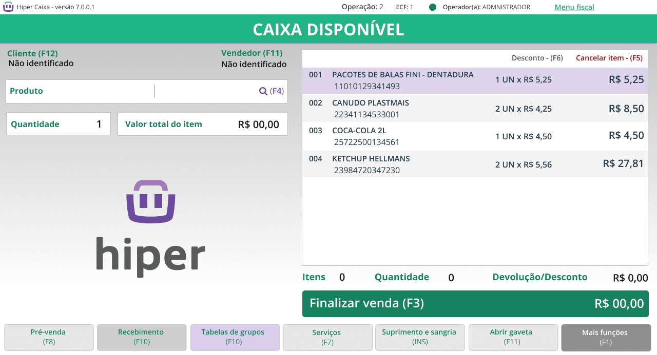 Frente de caixa do Hiper com venda em andamento: produtos, quantidades e atalhos de teclado