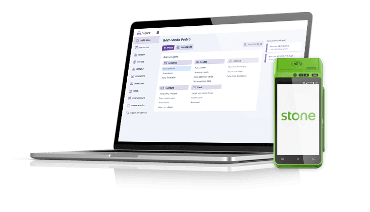 Sistema Hiper no notebook com maquininha Stone integrada via TEF
